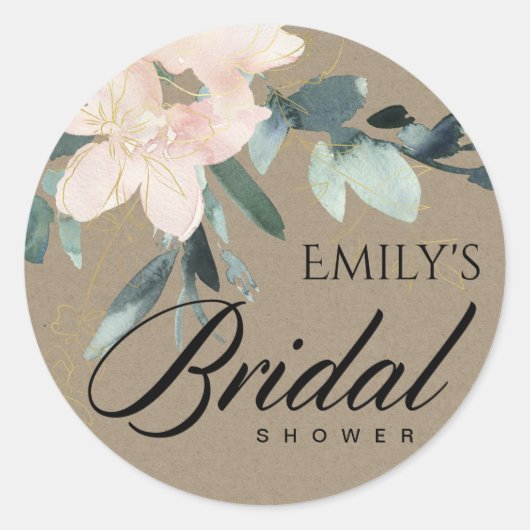 素朴赤面クラフトフローラ水彩ブライダルシャワー ラウンドシール (正面)