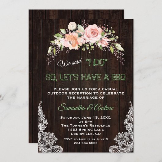 素朴赤面クリームフラワーレースI DO BBQ 招待状 (正面/裏面)