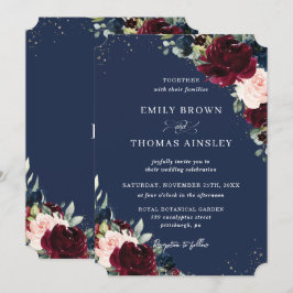 素朴赤面ネイビーブルーフローラグ結婚レネリーInv 招待状