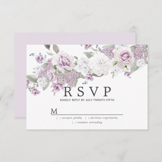 素朴赤面パープルホワイトフローラ結婚ズ 出欠カード (正面/裏面)