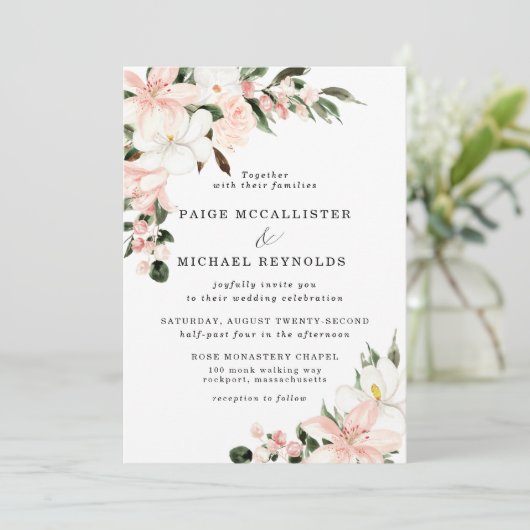 素朴赤面ピンクと白フローラ結婚ズ 招待状 (スタンド正面)