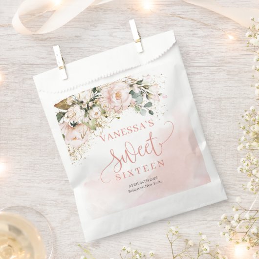 素朴赤面ピンクのバラ金ゴールドボホsweet sixteen フェイバーバッグ (クリップ留めされた状態)