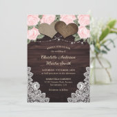 素朴赤面ピンクの木材ハート文字列ライトフローラ 招待状 (スタンド正面)