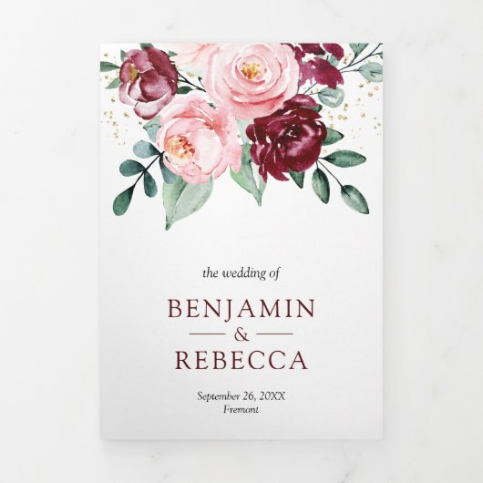 素朴赤面ピンクバーガンディフローラQRコード結婚s 三つ折り招待状 (カバー)