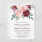 素朴赤面ピンクバーガンディフローラQRコード結婚s 招待状 (正面)