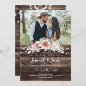 素朴赤面ピンクフローラウッドストリングライト結婚ズ 招待状 (正面/裏面)