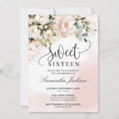 素朴赤面ピンクフローラバラ金ゴールドsweet sixteen 招待状 (正面)