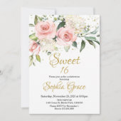 素朴赤面ピンクフローラバラ金ゴールドsweet sixteen 招待状 (正面)