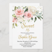 素朴赤面ピンクフローラバラ金ゴールドsweet sixteen 招待状 (正面/裏面)