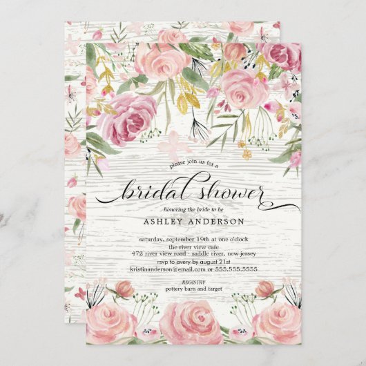 素朴赤面ピンクフローラブライダルシャワー 招待状 (正面/裏面)