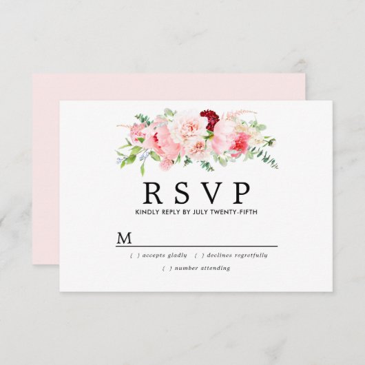 素朴赤面ピンクフローラ結婚式RSVP 出欠カード (正面/裏面)