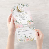 素朴赤面ピンクフローラ金ゴールドムーンベビーシャワー オールインワン招待状 (貼ってはがせる)