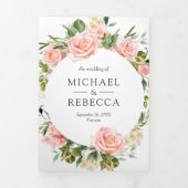 素朴赤面ピンクフローラQRコー結婚ド 三つ折り招待状 (カバー)