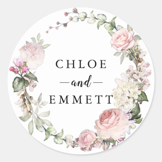 素朴赤面ピンクローズリース結婚式の引き出物 ラウンドシール (正面)