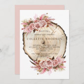 素朴赤面ピンクローズ及びウッド誕生日 招待状 (正面/裏面)