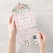 素朴赤面ピンクローズ金ゴールドアクセントQRコード オールインワン招待状 (貼ってはがせる)