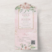 素朴赤面ピンクローズ金ゴールドアクセントQRコード オールインワン招待状 (内側)