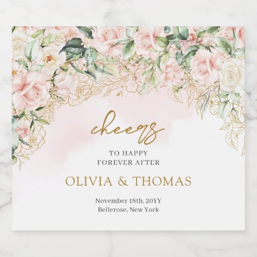 素朴赤面ピンクローズ金ゴールド結婚ズ スパークリングワインラベル (シングルラベル)