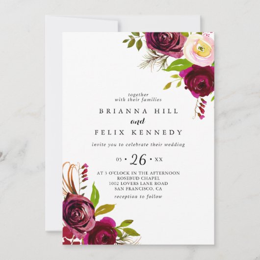 素朴赤面ブルゴーニュフローラカジュアル結婚ズ 招待状 (正面)