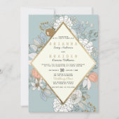 素朴赤面ブルーコーラル金ゴールドフローラアイボリー結婚ズ 招待状 (正面)