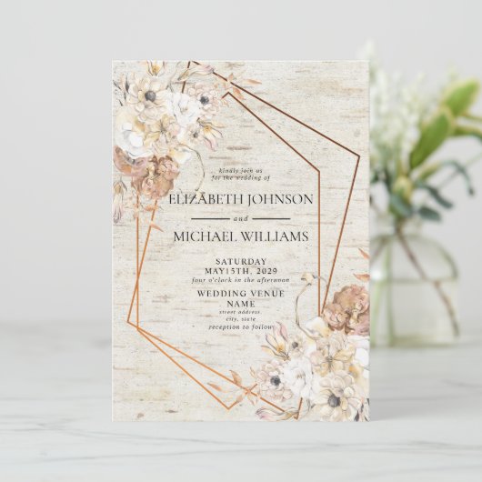 素朴赤面幾何学水色フローラ写真 招待状 (スタンド正面)