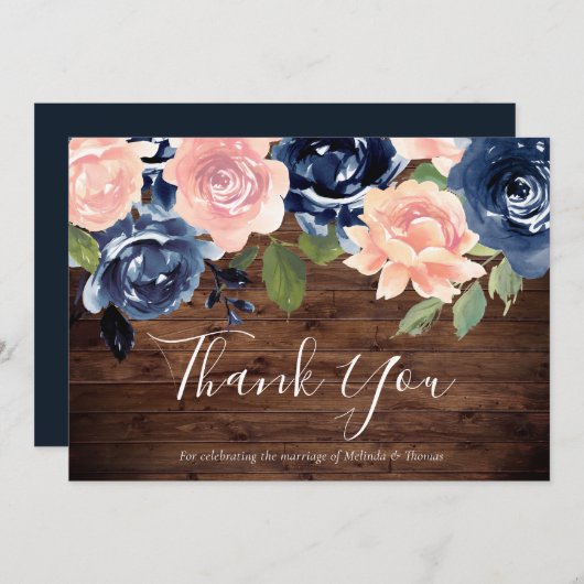 素朴赤面&ネイビー水彩花結婚色 サンキューカード (正面/裏面)