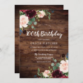 素朴赤面&ブルゴーニュ花100誕生日 招待状 (正面/裏面)