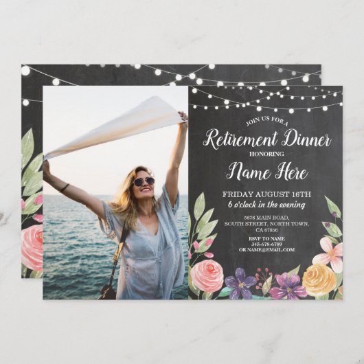 素朴退職パーティー回収チョークフローラ写真 招待状 (正面/裏面)