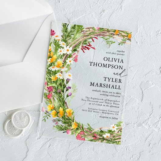 素朴野の花ボヘミ結婚ア アクリル招待状