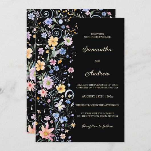 素朴野結婚花の黒テンプレート 招待状 (正面/裏面)