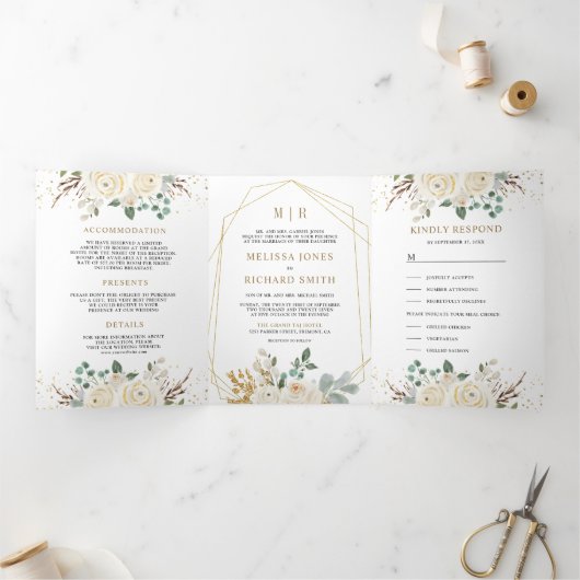 素朴金ゴールドアイボリーのフローラが全て自分の結婚中に 三つ折り招待状 (内部)