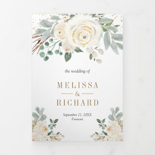 素朴金ゴールドアイボリーのフローラが全て自分の結婚中に 三つ折り招待状 (カバー)
