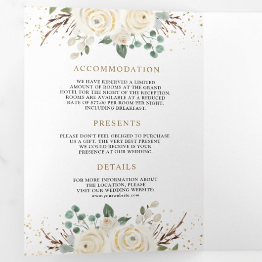 素朴金ゴールドアイボリーのフローラが全て自分の結婚中に 三つ折り招待状 (内部最初)