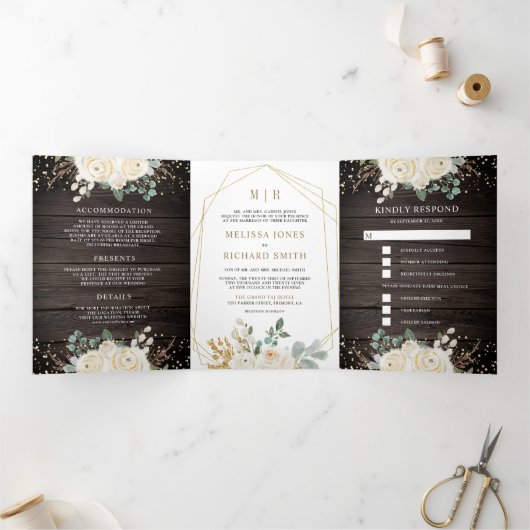 素朴金ゴールドアイボリーフローラすべて一つの木の結婚中 三つ折り招待状 (内部)