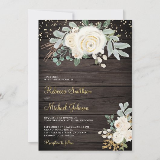 素朴金ゴールドアイボリーフローラすべて一つの木の結婚中 招待状 (正面)