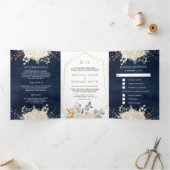素朴金ゴールドアイボリーフローラすべて一つの海軍の結婚中 三つ折り招待状 (内部)