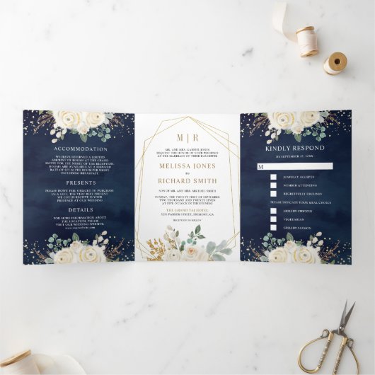 素朴金ゴールドアイボリーフローラすべて一つの海軍の結婚中 三つ折り招待状 (内部)