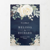 素朴金ゴールドアイボリーフローラすべて一つの海軍の結婚中 三つ折り招待状 (カバー)