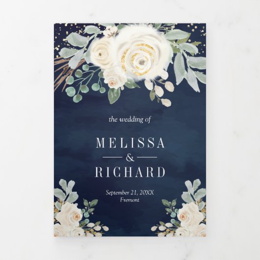 素朴金ゴールドアイボリーフローラすべて一つの海軍の結婚中 三つ折り招待状 (カバー)