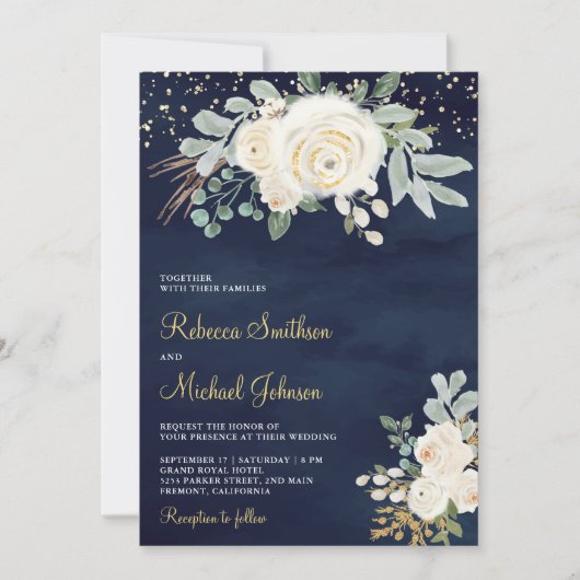 素朴金ゴールドアイボリーフローラすべて一つの海軍の結婚中 招待状 (正面)
