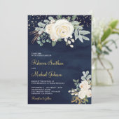 素朴金ゴールドアイボリーフローラすべて一つの海軍の結婚中 招待状 (スタンド正面)