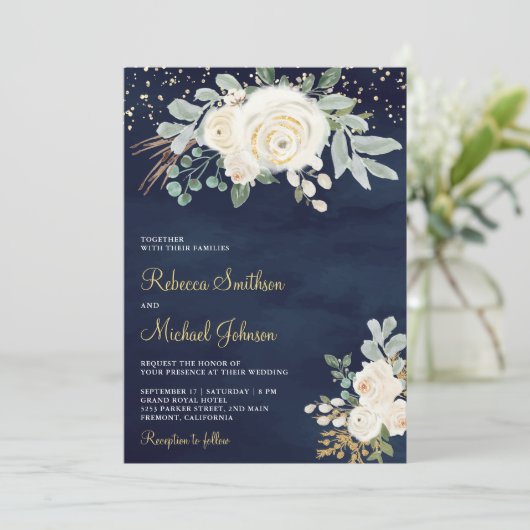素朴金ゴールドアイボリーフローラすべて一つの海軍の結婚中 招待状 (スタンド正面)