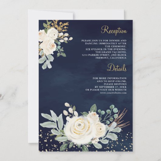 素朴金ゴールドアイボリーフローラすべて一つの海軍の結婚中 招待状 (裏面)