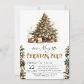 素朴金ゴールドアクセント付きクリスマスツリーパーティー 招待状 (正面)
