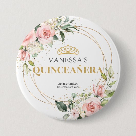 素朴金ゴールドグリッター赤面バラグリーン15th b-day 缶バッジ (正面)