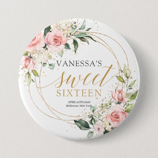 素朴金ゴールドグリッター赤面バラグリーン16th b-day 缶バッジ (正面)