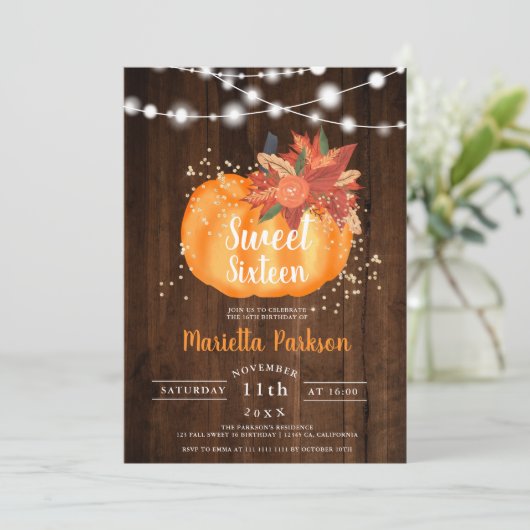 素朴金ゴールドシックフローラウッドライト秋スウィート16 招待状 (スタンド正面)