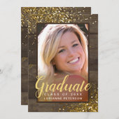 素朴金ゴールドスクリプトグリッター写真卒業 案内状 (正面/裏面)