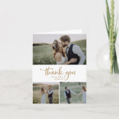 素朴金ゴールドスクリプト3フォトコラージュ折り結婚曲げ サンキューカード (正面)