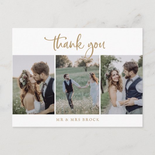 素朴金ゴールドスクリプト3写真テンプレートありがとう ポストカード (正面)